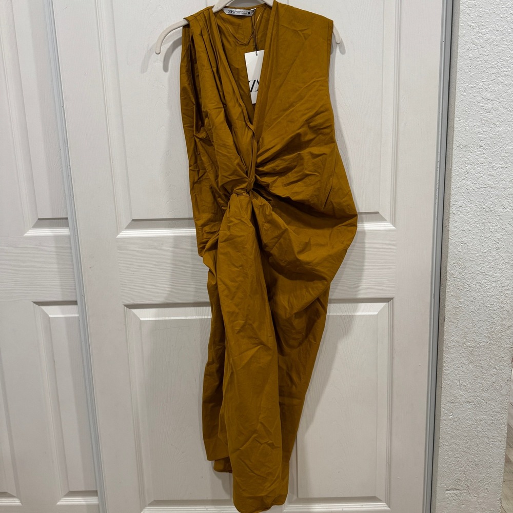 Zara Dress XS‎ Sleeveless Twisted Knot Front Mustard Yellow Casual NWT